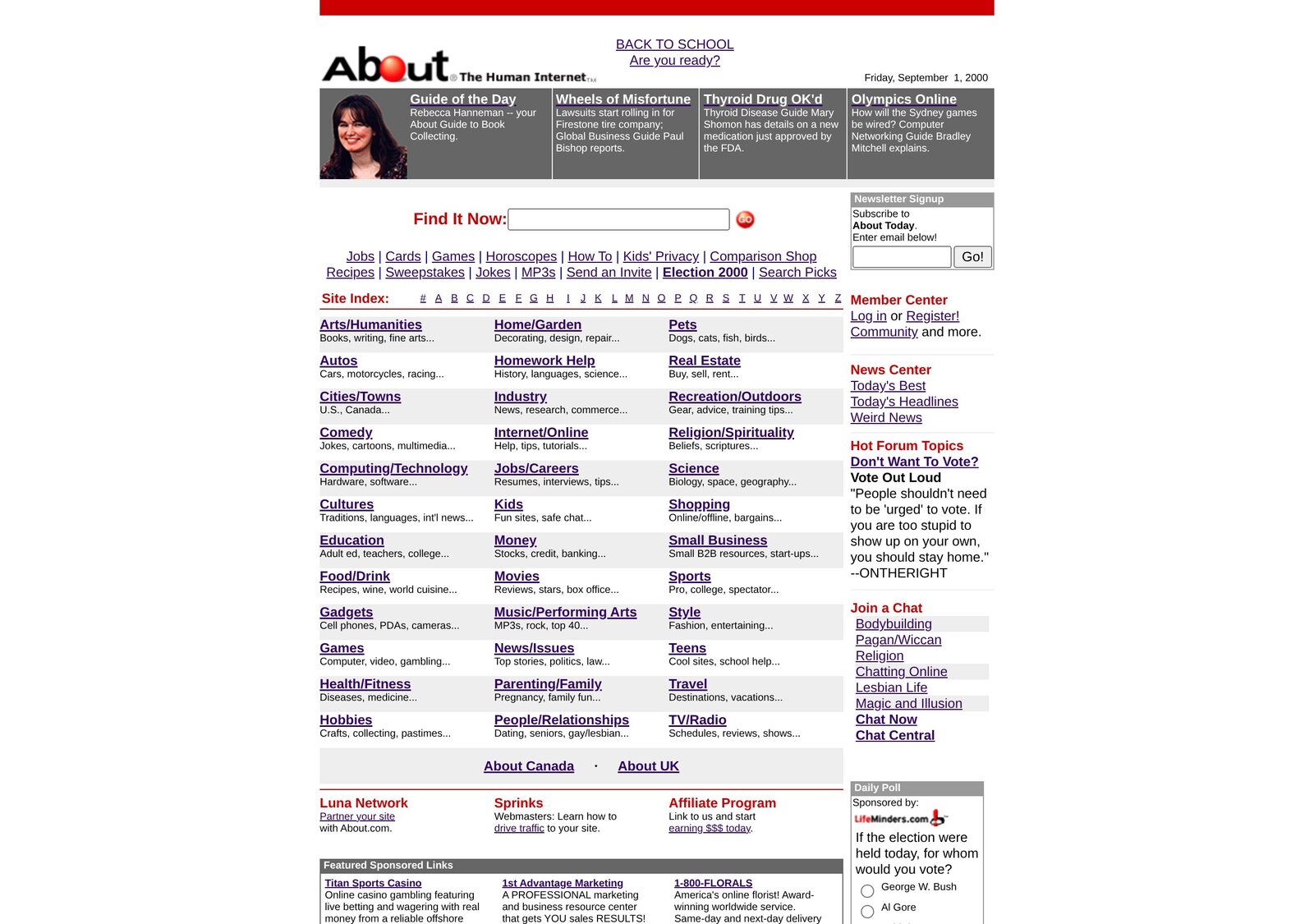 about.com on 1 September 2000, "The Human Internet": Guide of the Day, the A to Z site index and a Bush vs Gore daily poll.