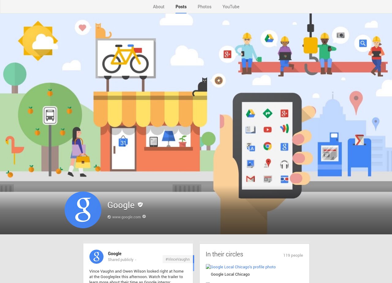 Google's own Google+ page in June 2013, with the cover photo and stream