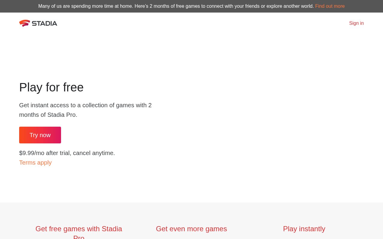 Stadia landing page in June 2020