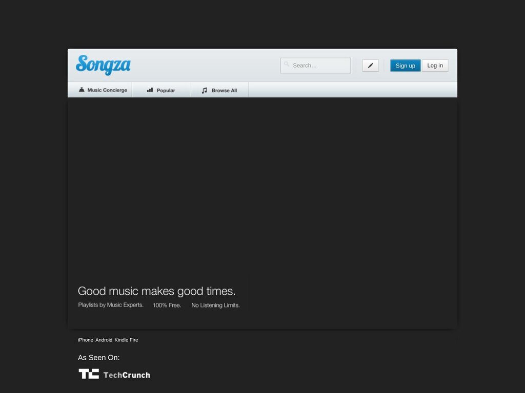 Songza home page, June 2013