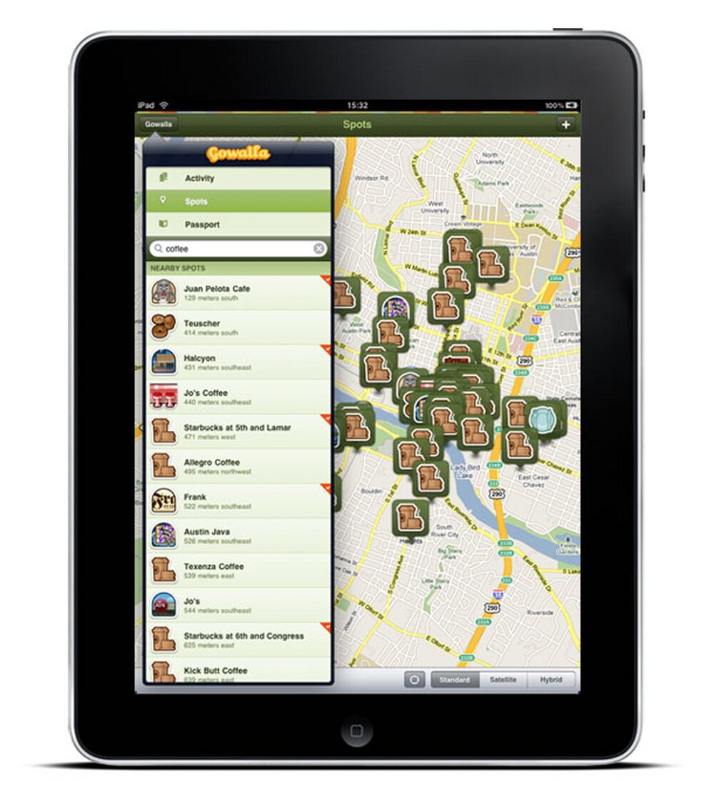Gowalla 1.1 for iPad, Spots list and map of Austin, from the Gowalla blog, May 2010