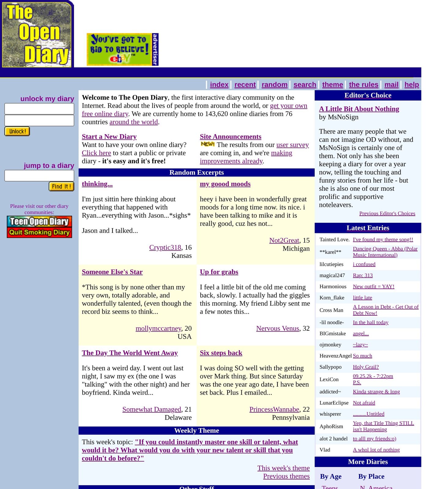 Open Diary in September 2000, home to 143,620 diaries from 76 countries