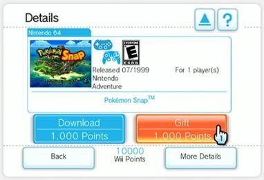 The gift option on a Wii Shop Channel game page, from Nintendo press material for the gifting feature added in December 2007. Pokemon Snap for 1,000 Wii Points.