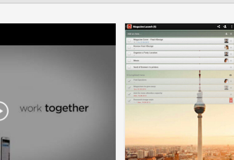 Wunderlist in 2014: a list called Magazine Launch with tasks, due dates, assigned faces and the photograph of Berlin that people used as a list background.