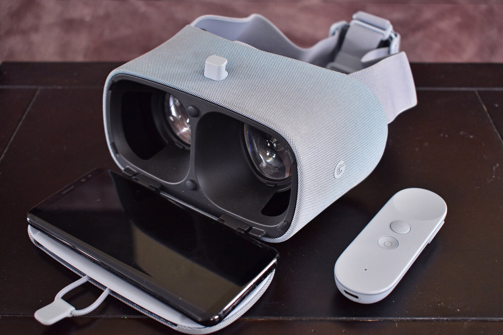 The second-generation Daydream View open, showing the phone tray and lenses.
