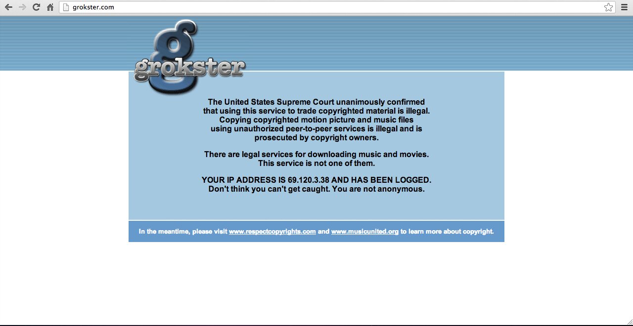 The notice Grokster was ordered to display after the settlement, telling visitors that sharing copyrighted files is illegal.