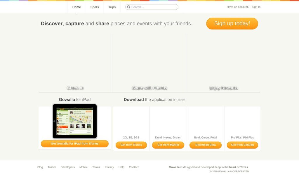 Gowalla home page, June 2010