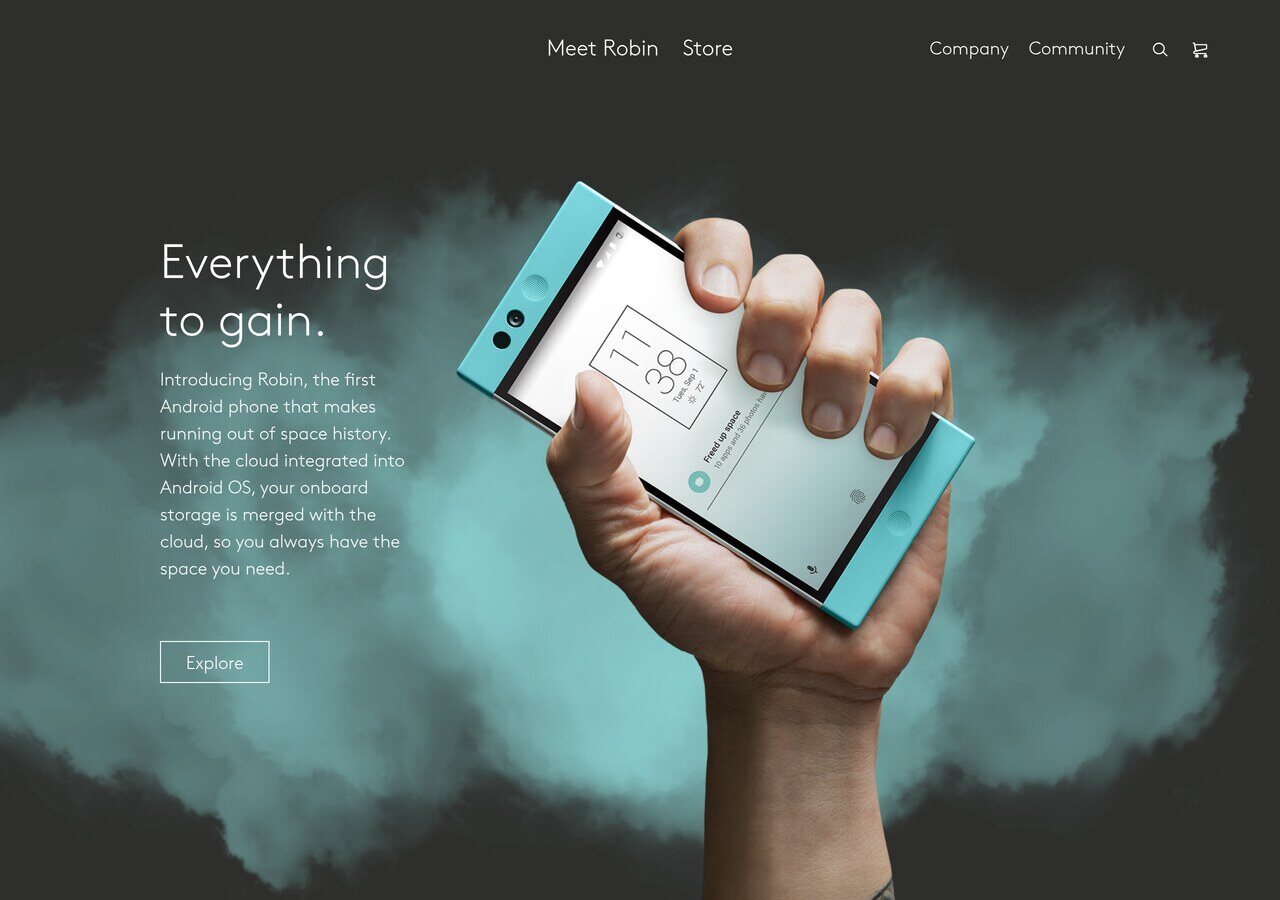 nextbit.com in March 2016, the month the Robin shipped: "Everything to gain", a mint Robin held up against the cloud it stored things in.