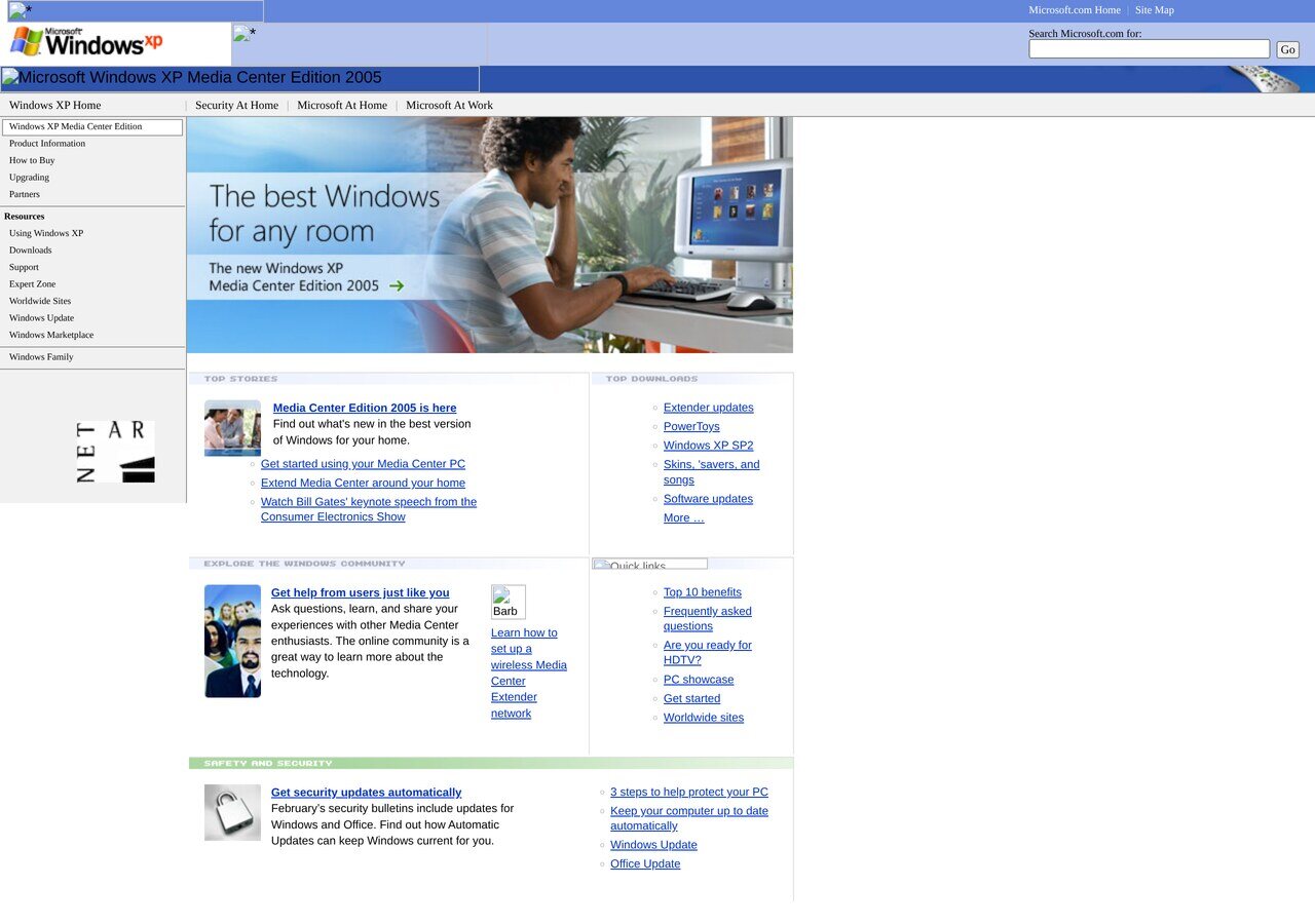 The Windows XP Media Center Edition 2005 page on microsoft.com in March 2005: "The best Windows for any room", with the living room PC pitch and the usual Microsoft support columns.