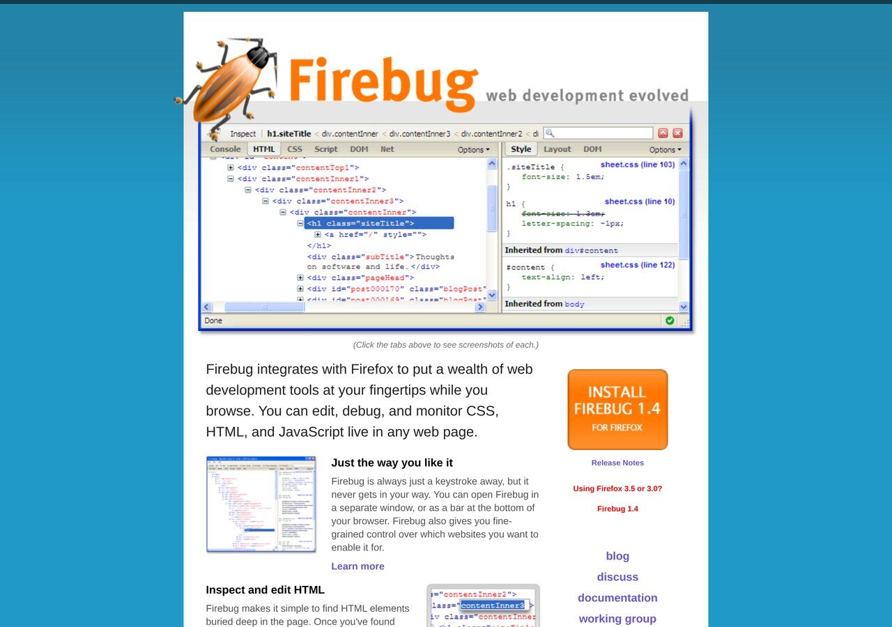 getfirebug.com in September 2009: "web development evolved", the Firebug 1.4 install button and the inspector screenshot on the blue background.