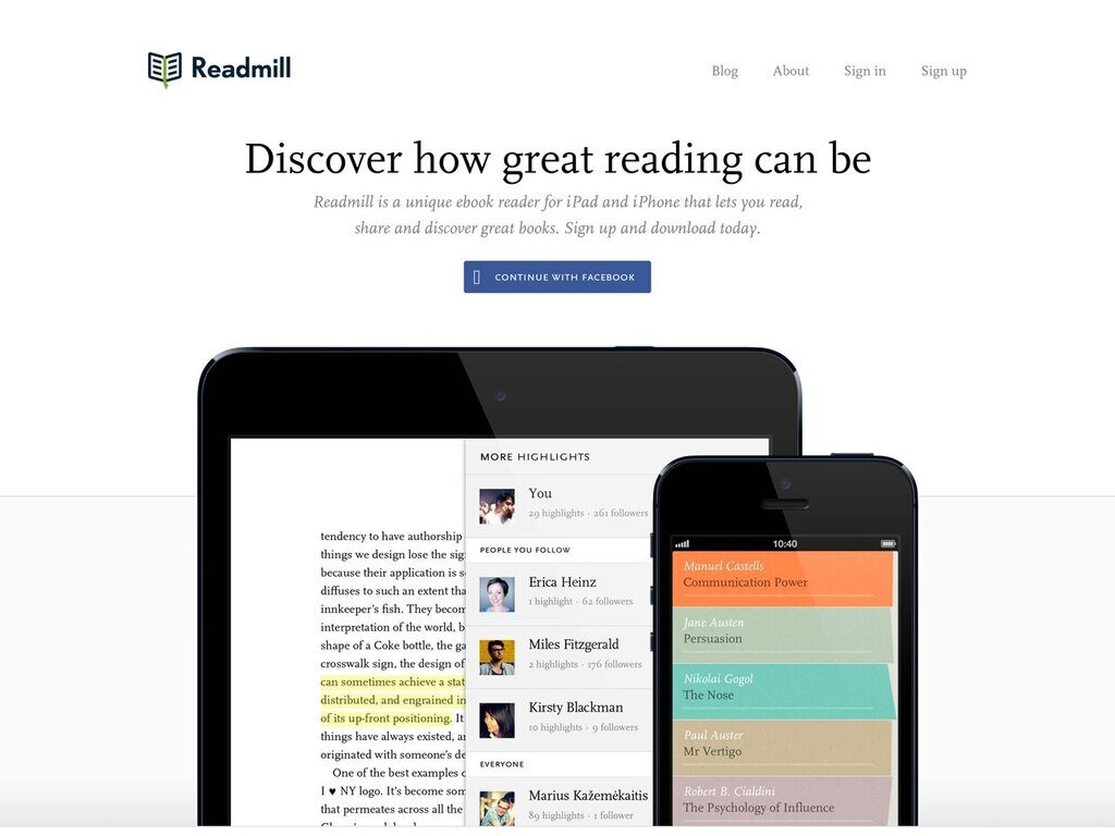 Readmill home page, May 2013