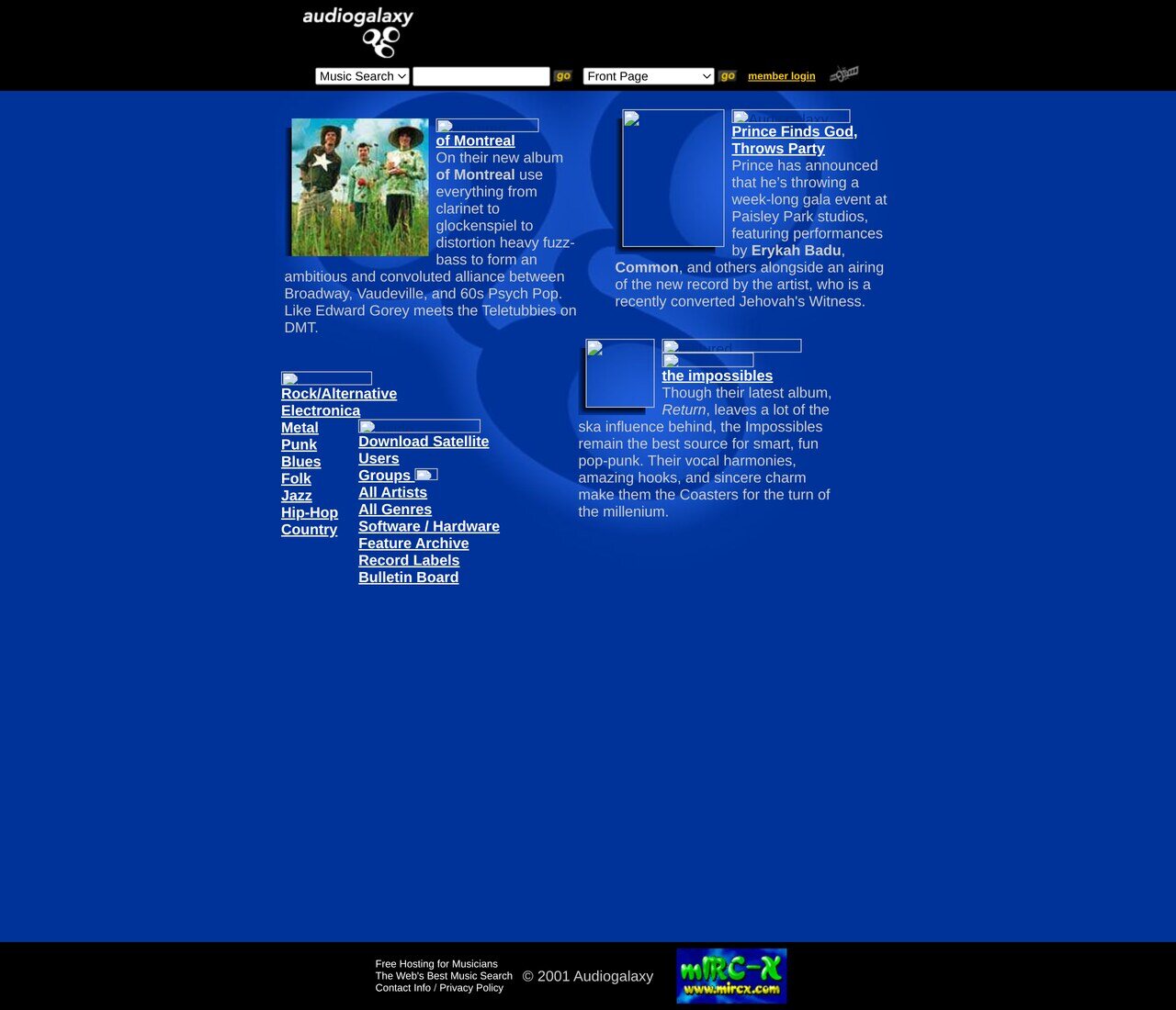 audiogalaxy.com in June 2001, at the height of the Satellite: genre lists down the left, featured artists in the middle, and the download link for the client that queued songs from other people's machines.