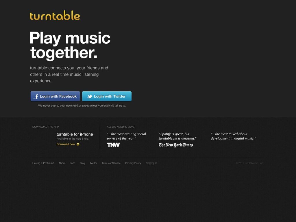 turntable.fm in June 2012: "Play music together", Facebook or Twitter login, and the iPhone app below
