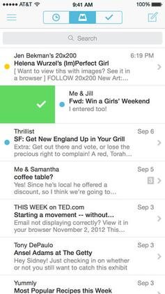 Mailbox on the iPhone: one message swiped and turning green, which meant archived, and the list underneath waiting to be emptied.