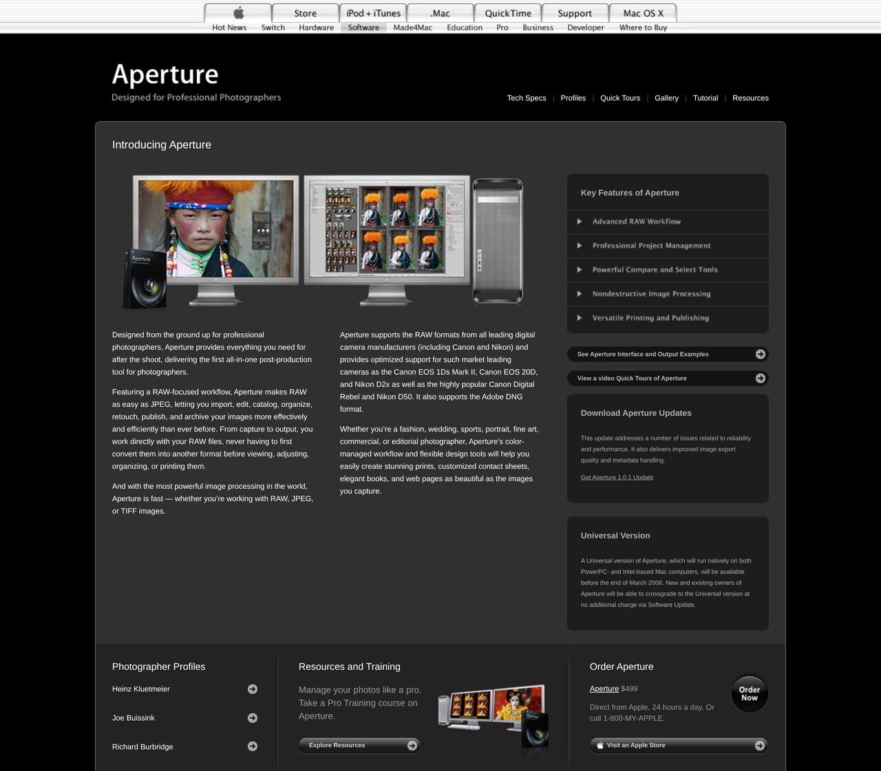 apple.com/aperture in January 2006, two months after the launch: "Designed for Professional Photographers", RAW workflow, the two Cinema Displays and a Power Mac G5, and the $499 order button. The Flash showcase at the top of the page has been left out.