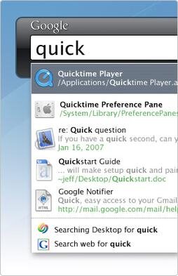 Google Desktop on a Mac: type into the deskbar and it answers from your own files, mail and history before it offers to search the web.