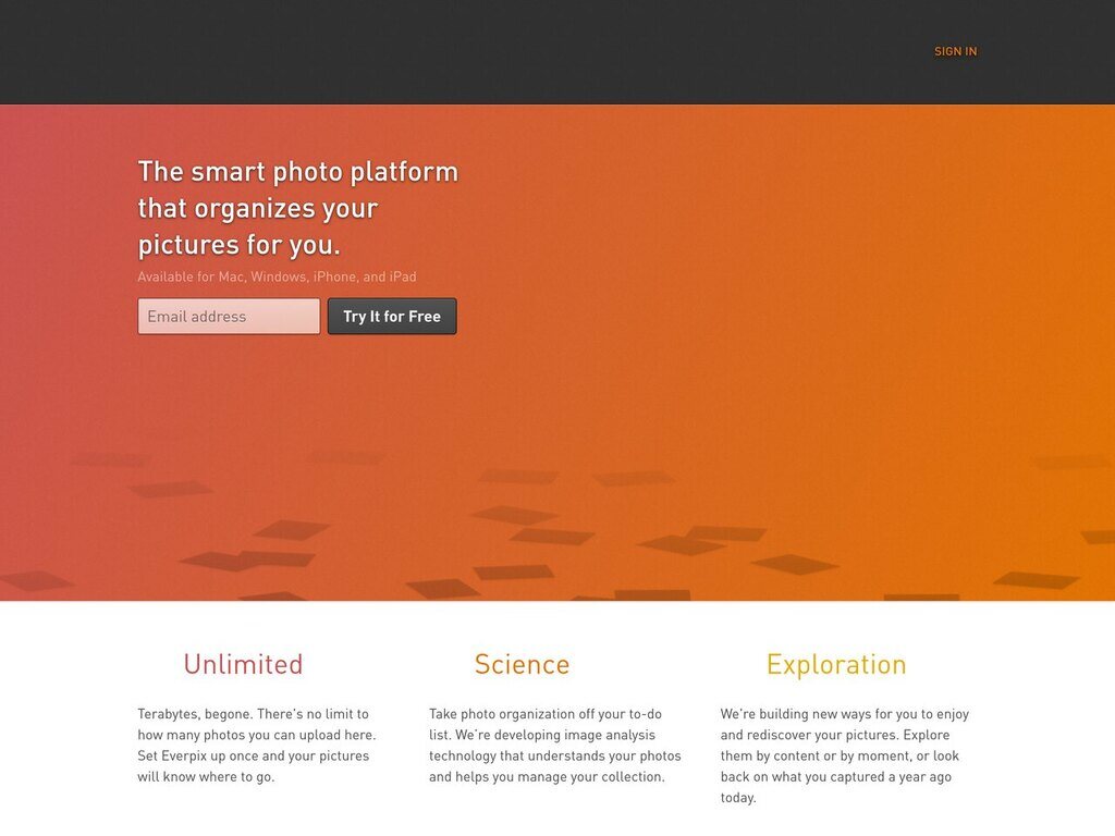 Everpix home page, June 2013