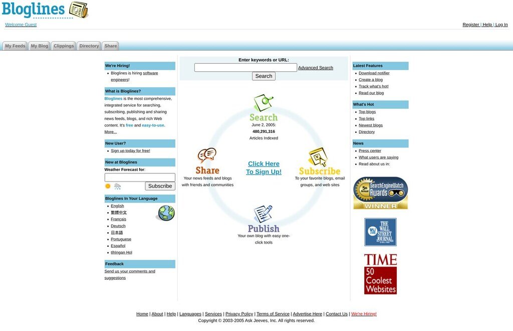 Bloglines homepage in June 2005, a few months after the Ask Jeeves purchase
