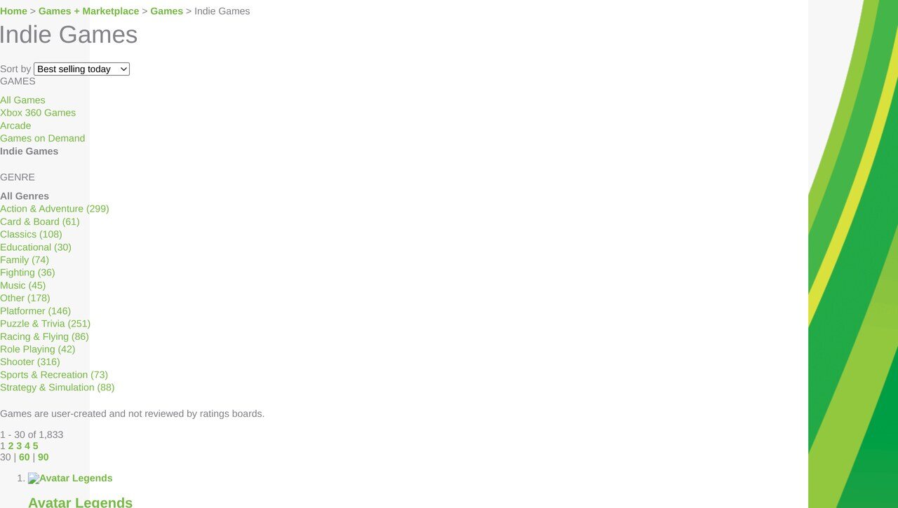 The Indie Games section of the Xbox Live Marketplace in June 2011: 1,833 titles, sorted by best selling today, genre counts from 316 shooters to 251 puzzle games, and the warning that these games are user-created and not reviewed by ratings boards.