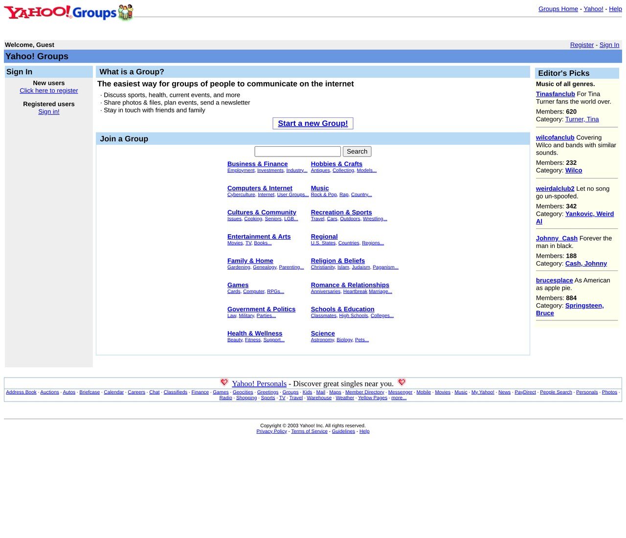 groups.yahoo.com in June 2003: the directory of categories from Business to Religion, the editor picks, and the buttons to start a group or join one, back when a mailing list was a Yahoo Group.