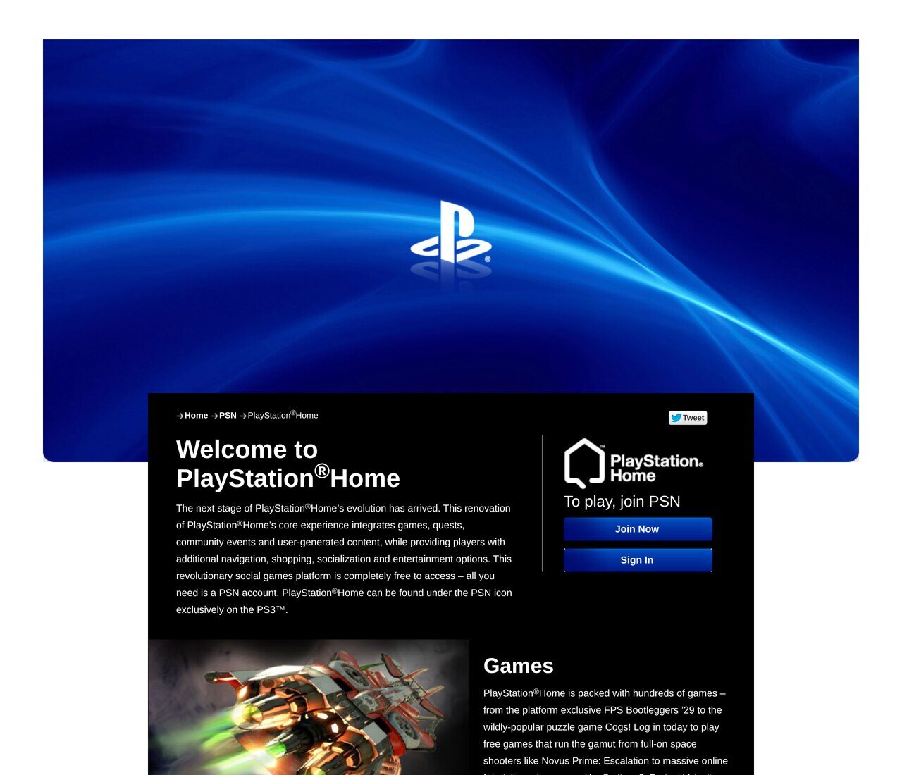 The PlayStation Home page on us.playstation.com in December 2013: "Welcome to PlayStation Home", free to enter with a PSN account, and the Games pitch naming Bootleggers '29 and Cogs.