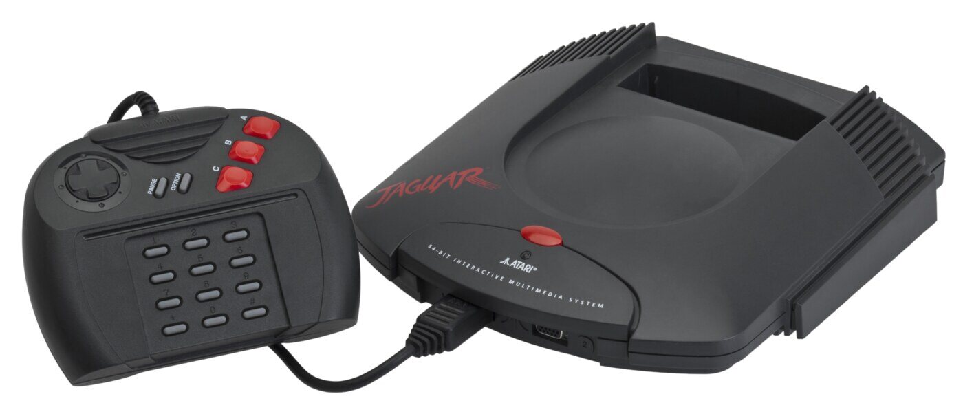 The Atari Jaguar with its controller, the one with the twelve-key numeric pad and overlays, as sold from November 1993.