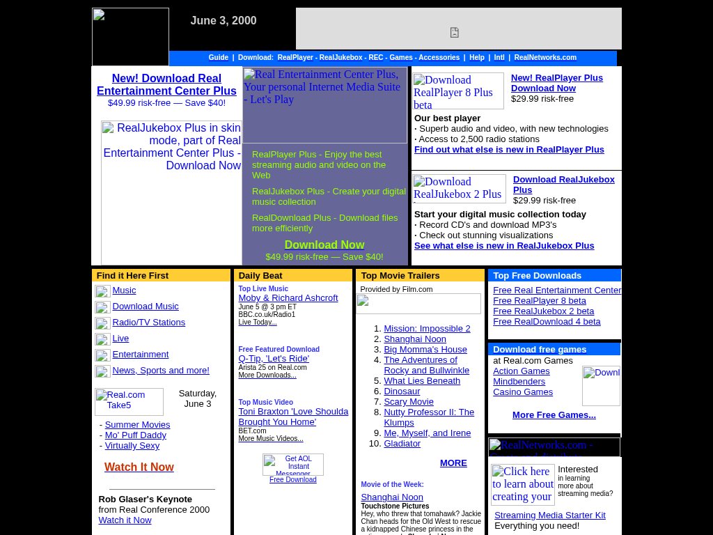 RealPlayer homepage in June 2000