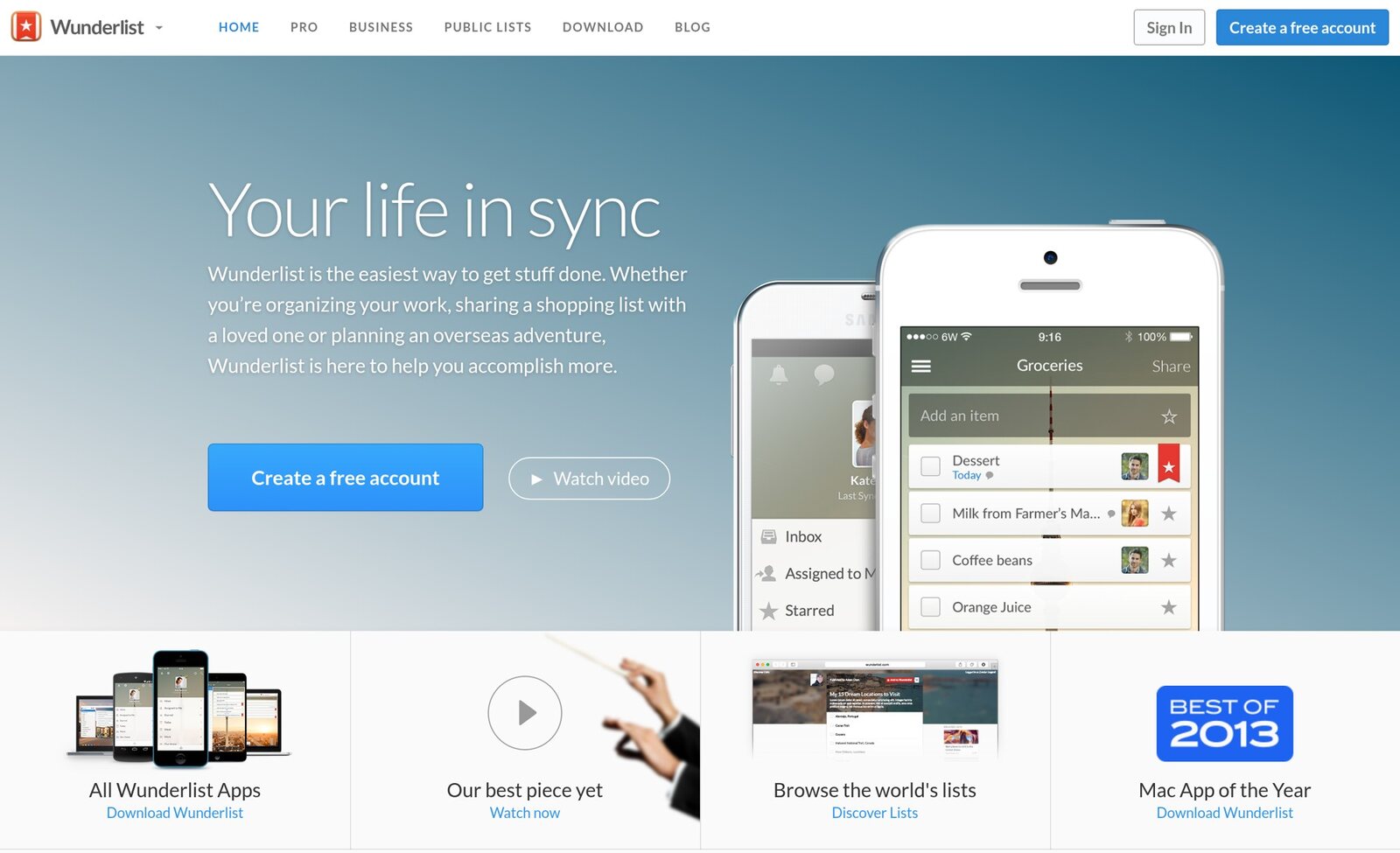 Wunderlist in February 2015, four months before Microsoft bought it. The shared Groceries list is the pitch in one screen