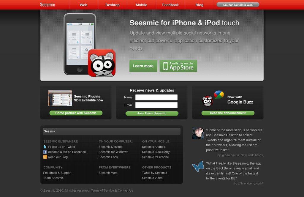 Seesmic home page, June 2010, in its Twitter client years