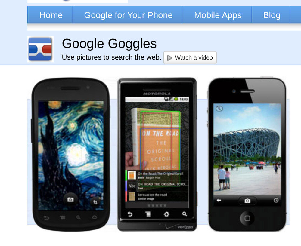 Goggles working on three phones: a painting recognised on a Nexus S, a book cover boxed in green on a Motorola Droid, and the Beijing stadium identified on an iPhone.