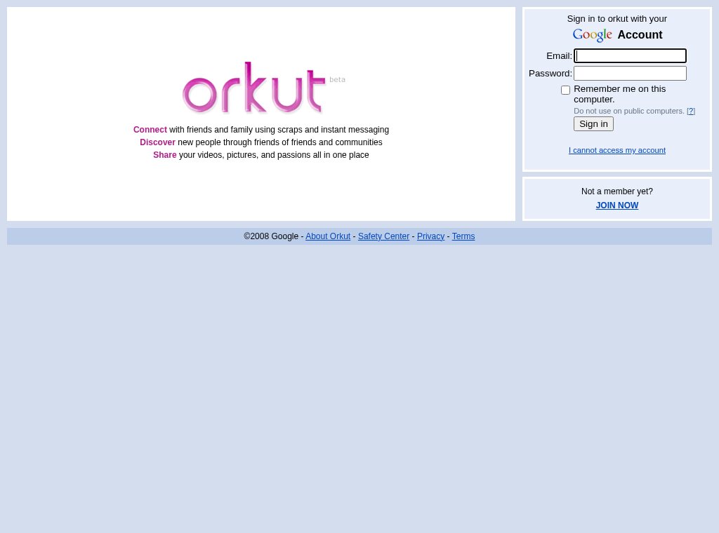 orkut sign-in page in September 2008