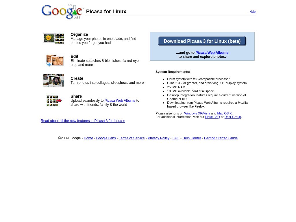 Picasa homepage in June 2009