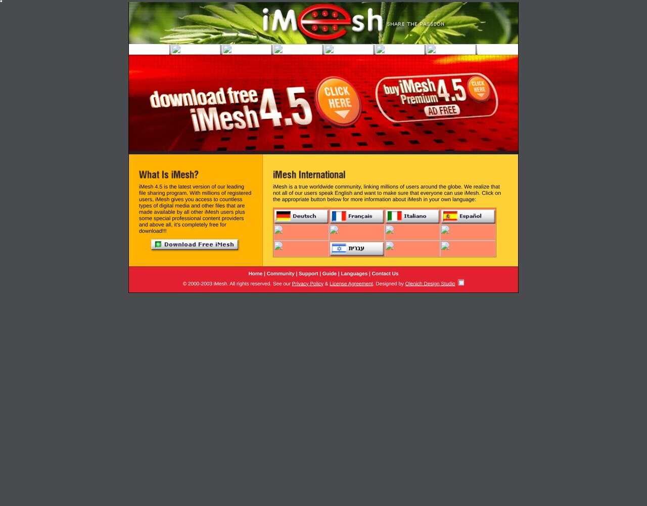 imesh.com in July 2004: "download free iMesh 4.5" next to a paid Premium build, and the iMesh International row where the client was offered in eight languages.