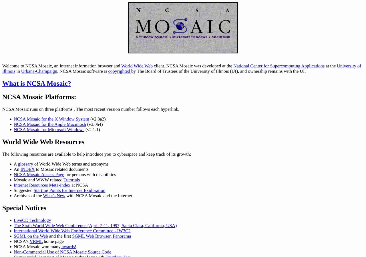 The NCSA Mosaic home page at ncsa.uiuc.edu in December 1996: X Window, Macintosh and Microsoft Windows versions listed, and the notice that development had ended.