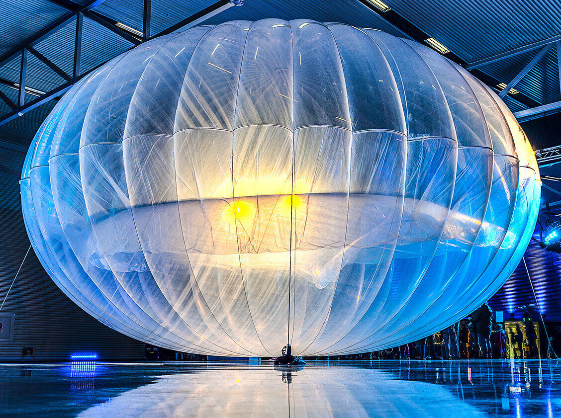 A Loon balloon envelope on display at the Project Loon launch event in Christchurch, New Zealand, on 16 June 2013.
