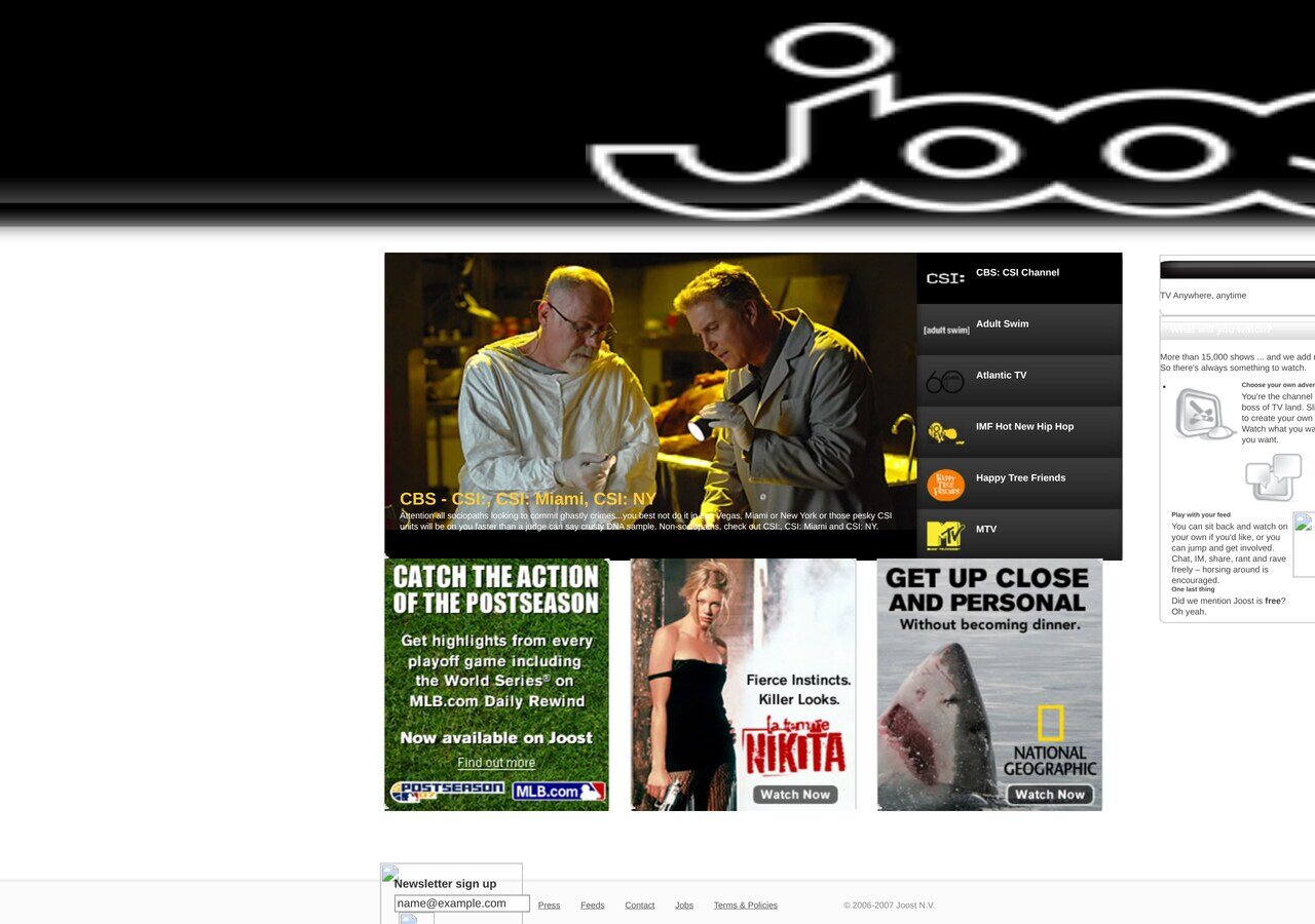 joost.com in October 2007, the black-and-white beta era: CBS shows, National Geographic and MLB postseason highlights, and the invitation-only signup.