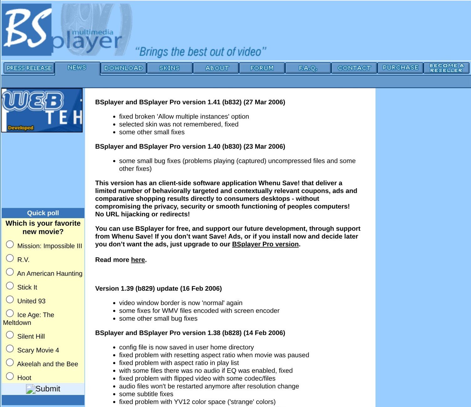 BSplayer.com in May 2006, announcing version 1.41 and defending the WhenU ad bundle in bold type