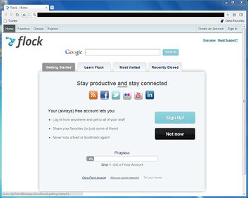 The Flock browser welcome screen: connect your Facebook, Flickr, YouTube and Twitter accounts, and the sidebar fills up.