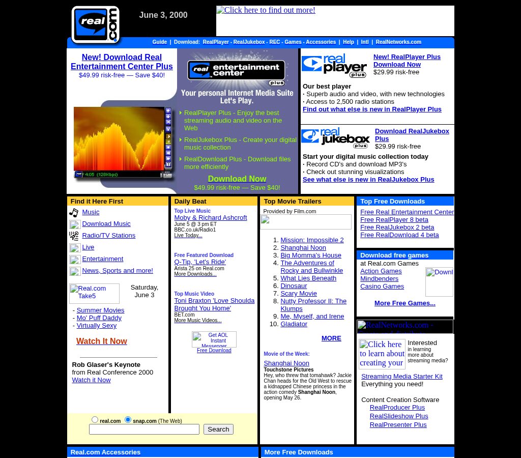 RealPlayer homepage in June 2000