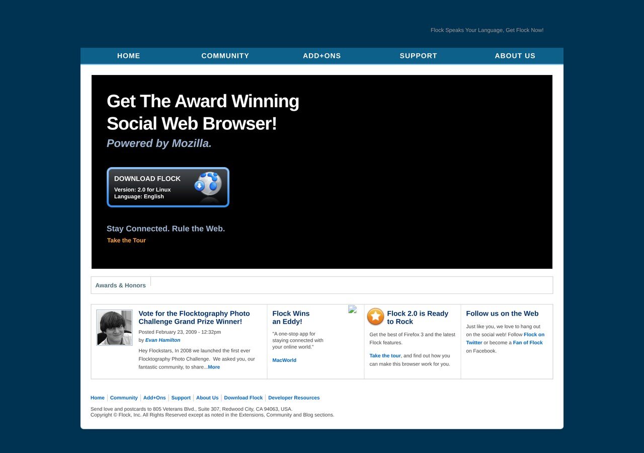 flock.com in March 2009: "Get The Award Winning Social Web Browser! Powered by Mozilla", the download box offering Flock 2.0 for Linux, and the awards column with the Eddy win.