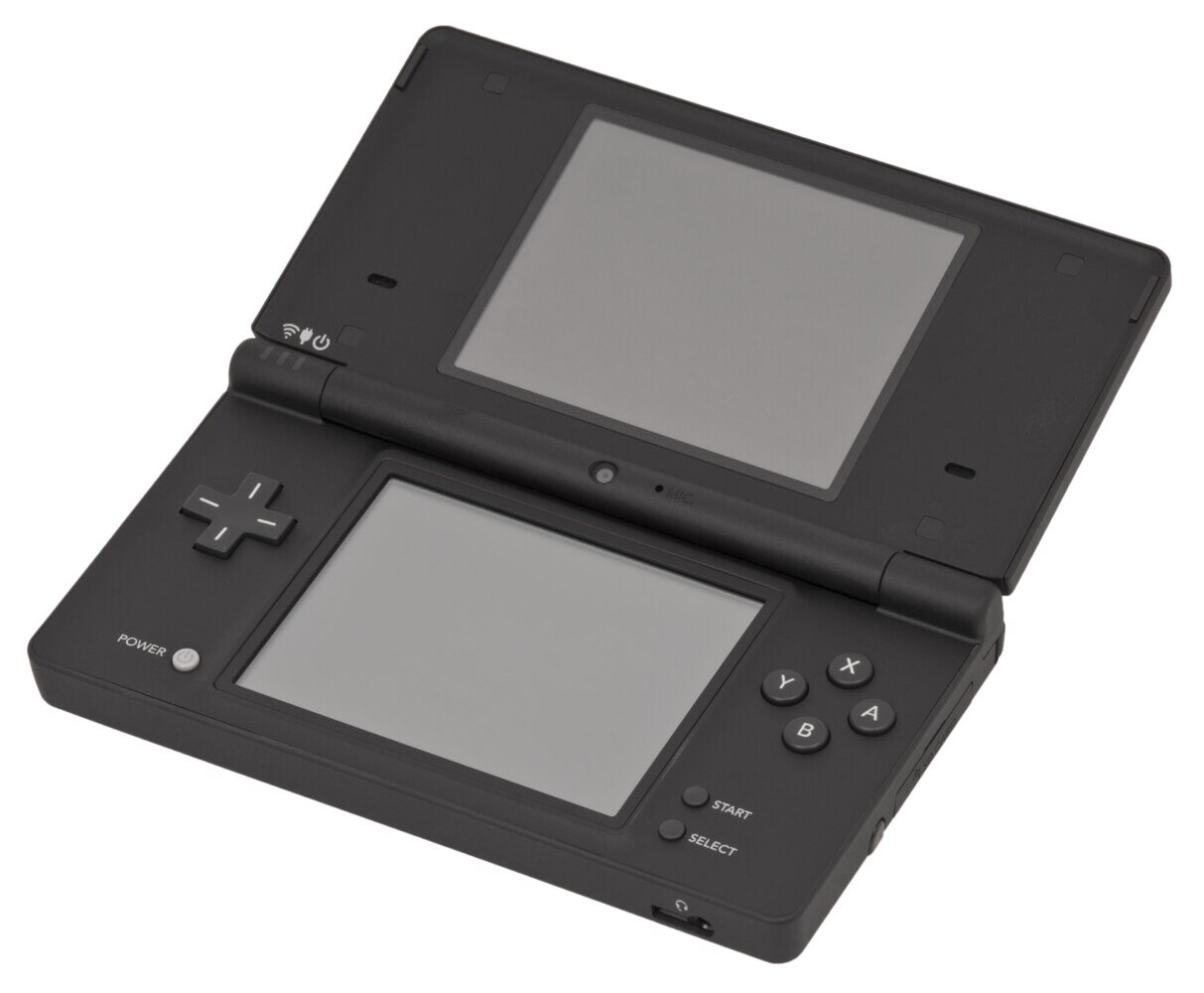 A black Nintendo DSi open, showing the two 3.25-inch screens and the camera on the hinge that faced the player.