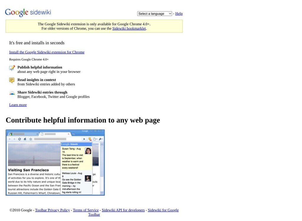 The Sidewiki product page, June 2010