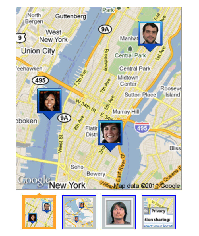 Latitude in use: friends pinned to a map of New York with their photographs, the strip of screens underneath showing the phone view and the privacy switch that decided who saw you.