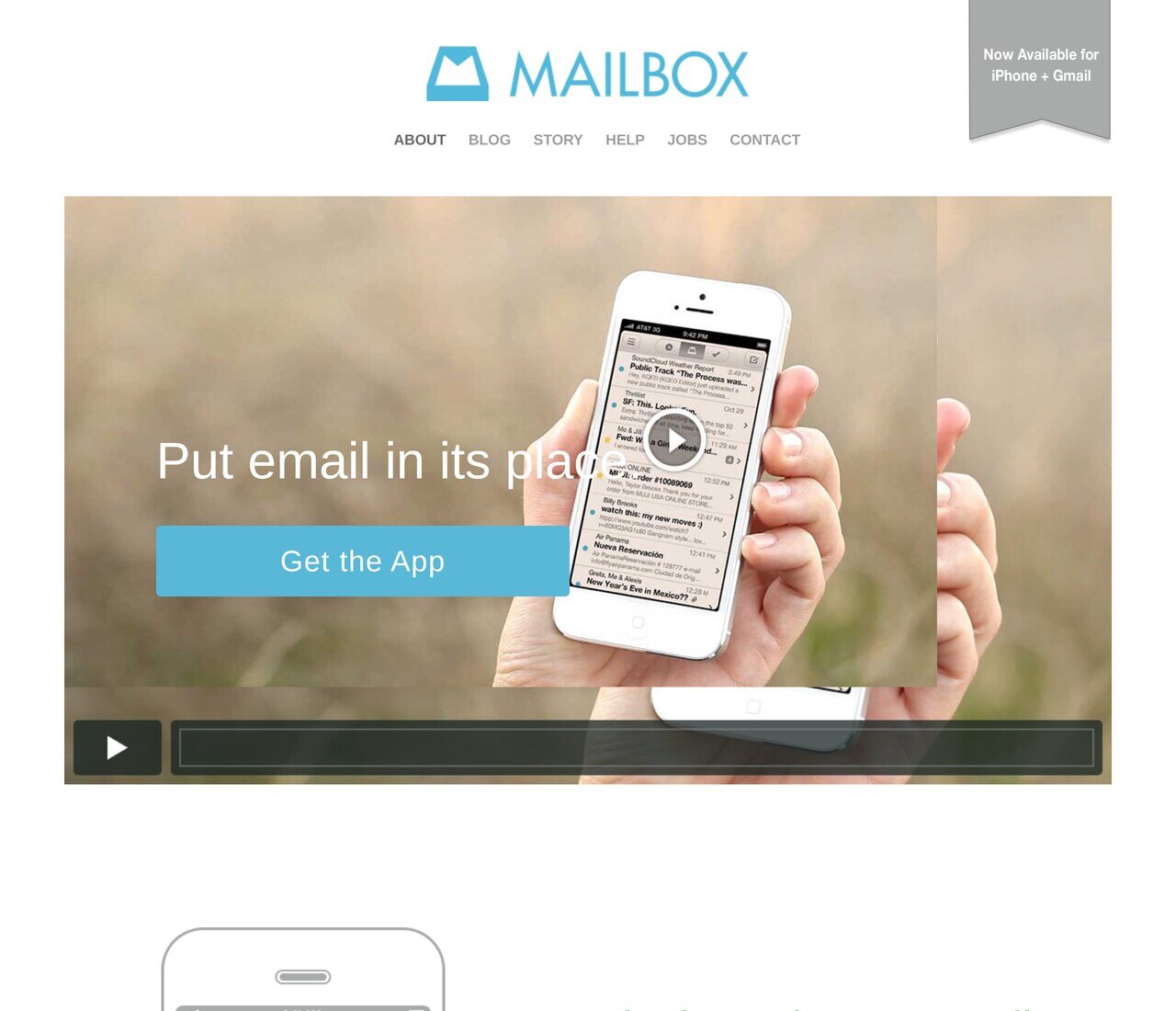 mailboxapp.com in June 2013, three months after Dropbox bought the company: "Put email in its place", the iPhone in a hand and the banner promising the app was now available for iPhone and Gmail.