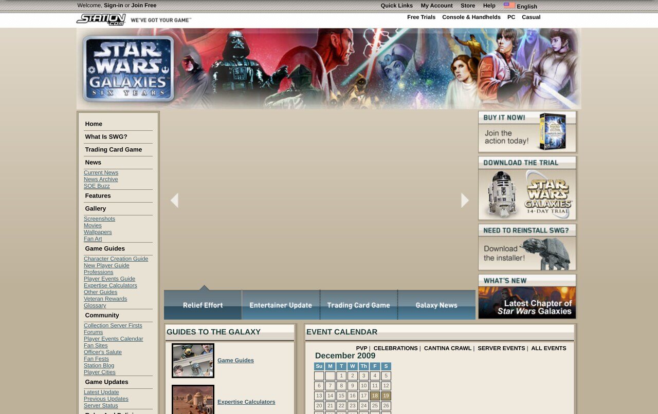 starwarsgalaxies.station.sony.com in December 2009, the "Six Years" banner up: trial download, reinstall prompt, the Guides to the Galaxy column and an event calendar full of cantina crawls and server events.