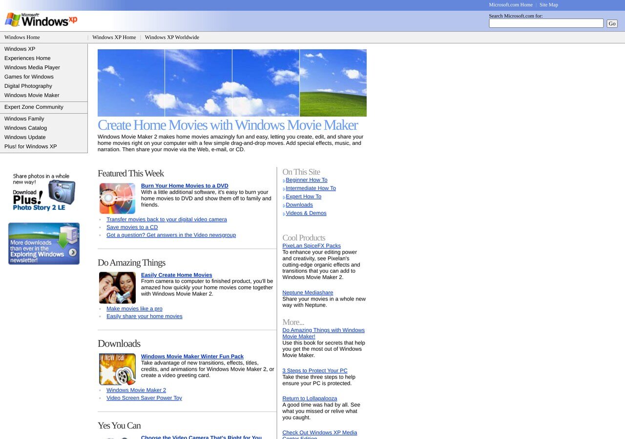 The Windows Movie Maker page on microsoft.com in February 2004: "Create home movies with Windows Movie Maker", Movie Maker 2 for Windows XP, downloads and Plus! Digital Media Edition.