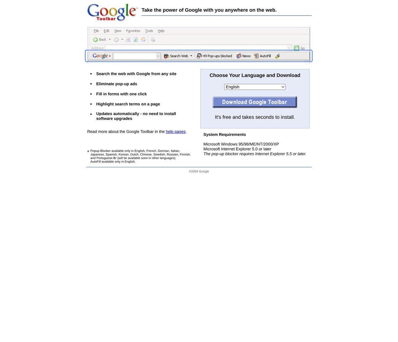 toolbar.google.com in June 2004 showing the toolbar itself: the search box, PageRank meter, highlight button and the pop-up blocker that was the real reason people installed it.