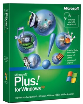 The retail box for Plus! for Windows XP: "The Ultimate Companion for Windows XP", promising themes, screensavers, media skins and games in a shrink-wrapped add-on.