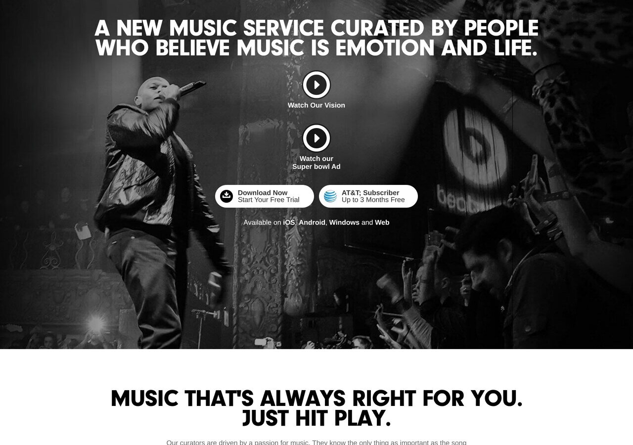 beatsmusic.com in March 2014, six weeks after launch: "A new music service curated by people who believe music is emotion and life", with the AT&T family plan offer.