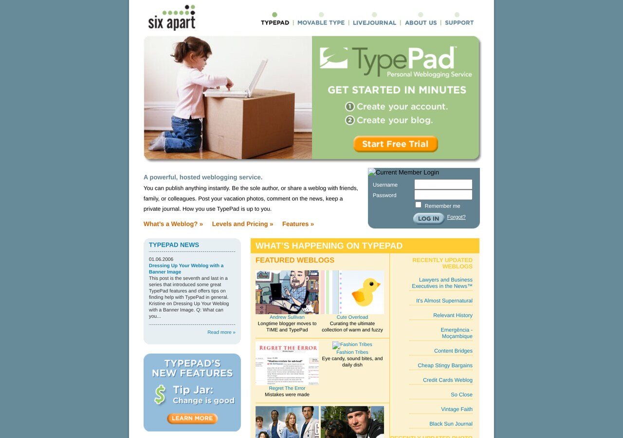 typepad.com in January 2006: "Get started in minutes", the Six Apart bar on top, Typepad's new features and the featured weblogs column.